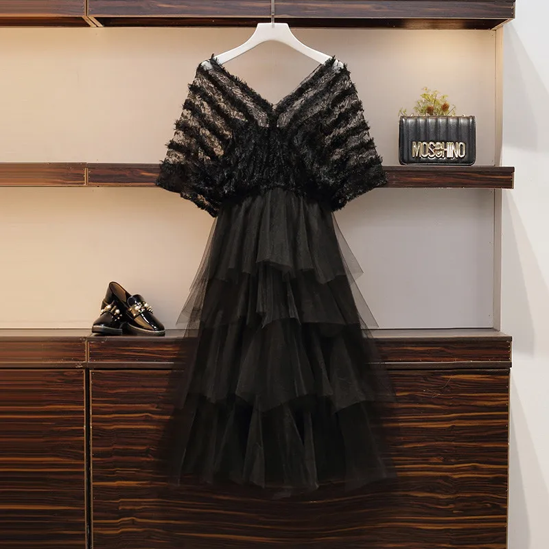 Limiguyue Black Tulle Mesh Dress Summer V-Neck Hollow Out Party Dresses Short Sleeve Patchwork Ruffle Long Dress Four Layer Y234 - Цвет: picture color