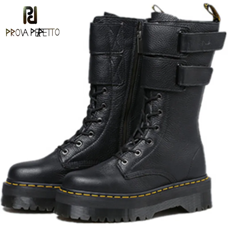 

Prova Perfetto Thick Bottom Buckle Booties Women Retro Classic Sewing Thread Round Toe Boots Woman Winter Lace-Up Calzado Mujer
