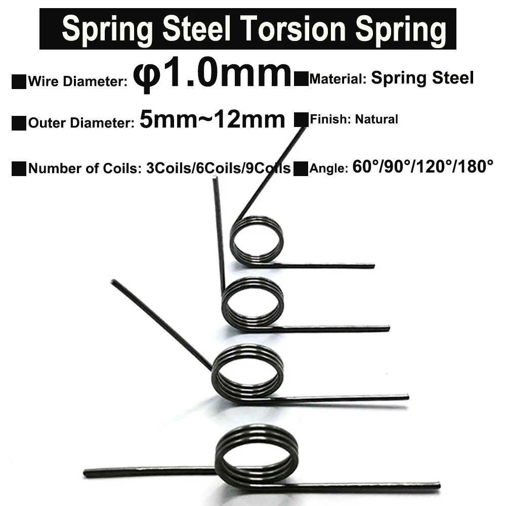 

10Pcs Wire Diameter 1.0mm Spring Steel Torsion Spring Hairpin Springs 3Coils/6Coils/9Coils Angle 60°/90°/120°/180°