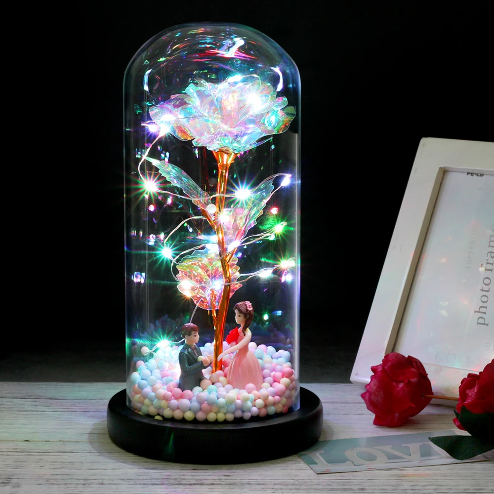 Romantic LED 24K Gold Foil Rose In Glass Dome Flower Light Mother's Day Gifts US