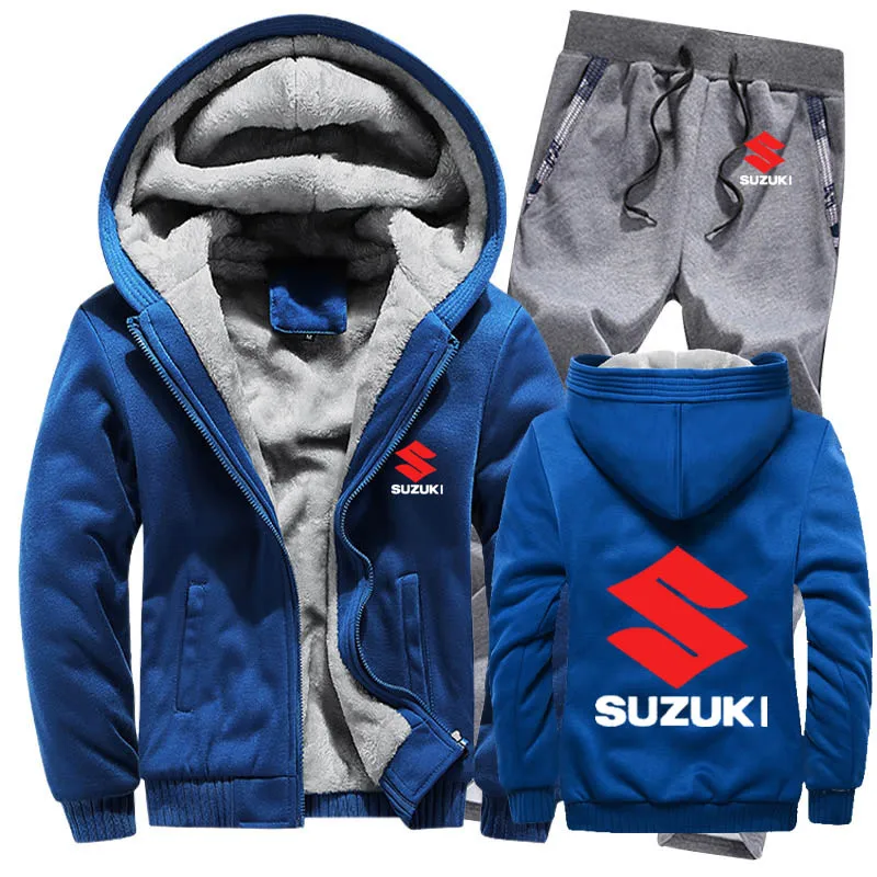 Мужские толстовки с капюшоном с логотипом Suzuki, мужские толстовки с капюшоном, зимний утепленный флисовый хлопковый спортивный костюм на молнии, мужская куртка+ штаны, комплекты из 2 предметов - Цвет: 824