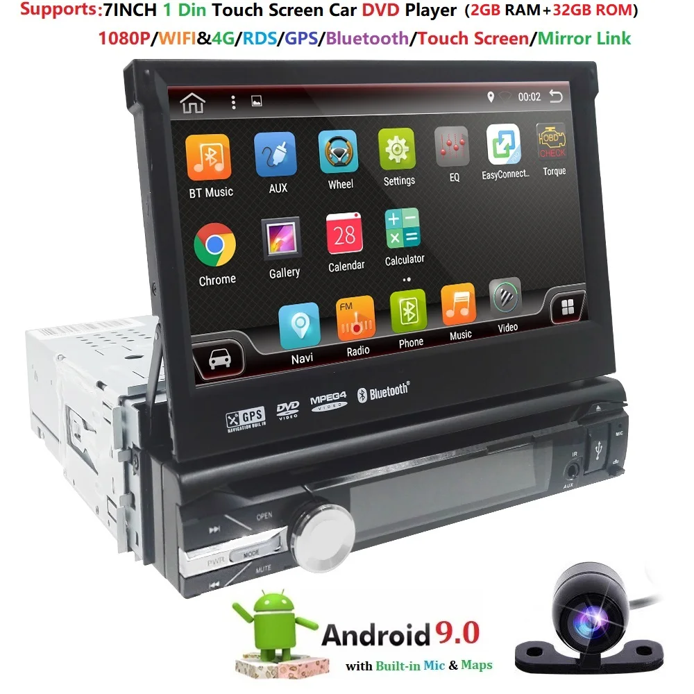 Top 1Din 7"Car Universal DVD Player Android 9.0 GPS Bluetooth Stereo Mirror link Multimedia Steel wheel control DAB+ TPMS RDS Camera 1