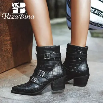 

RIZABINA Plus Size 33-48 British Style Women Ankle Boots Pointed Toe Zipper Buckle High Heels Shoes Daily Punk Women Footwear