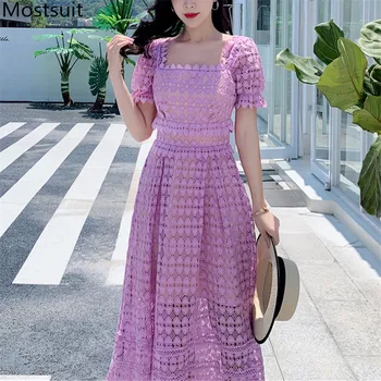 

2020 Summer Fashion Elegant Lace Long Maxi Dress Women Puff Sleeve Square Collar Party Vintage Ladies Sexy Dresses Vestidos