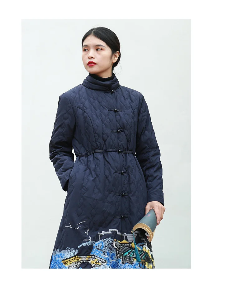 LZJN New Women's Winter Down Coat Jacket Embroidery Long Warm White Duck Down Coat Female Chinese Overcoat Parka Пуховик
