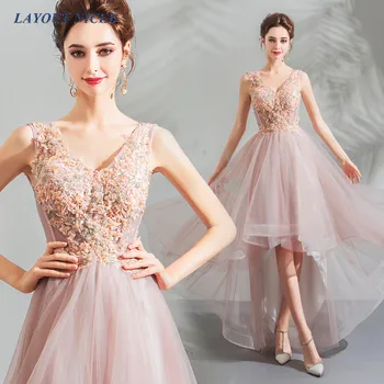 

Hi-Lo Prom Dresses V Neck Tiered vestidos de gala Party Gowns Sleeveless Evening Dress Lace Appliques Beads vestido formatura