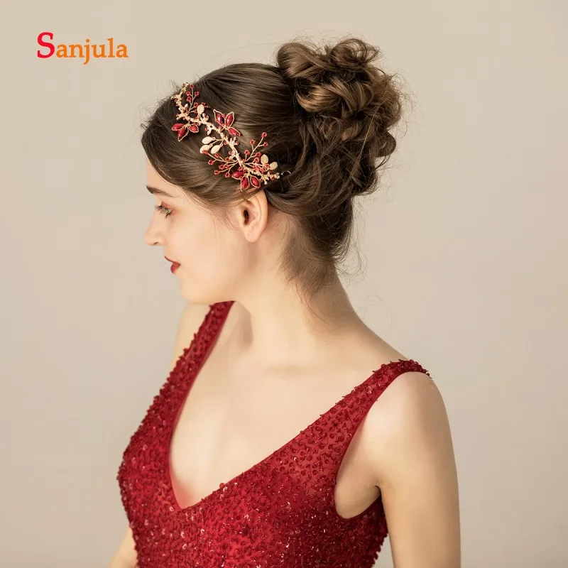 Золотой цвет Red Crystals Headband with Gold Metal Elegant Wedding Hair Headpiece Girls Pageant Party Hair Jewelry Decorations O547 - Окраска металла: Золотой цвет