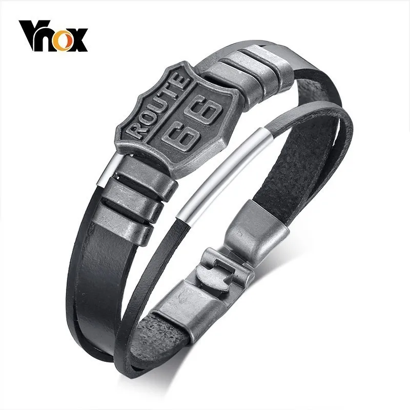 Mens boys silver ROUTE 66 Bangle Leather Beaded Hand Chain Buckle Bracelet