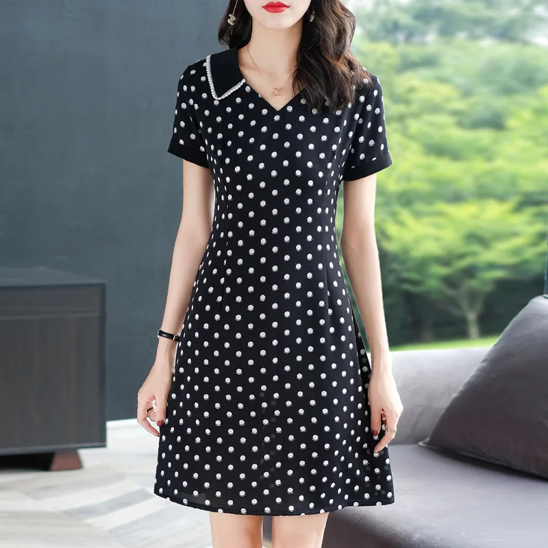 

2019 Summer Wear New Style Western Style Large Size Dress Polka Dot Chiffon Skirt Slimming by Age Fat Mm Belly Covering Dress Fa