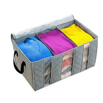 

65L Bamboo Layering Charcoal Clothing Storage Bag 3 Grid Organizer Deodorization Window Storage Bag Home Supplies(Economy Pack)