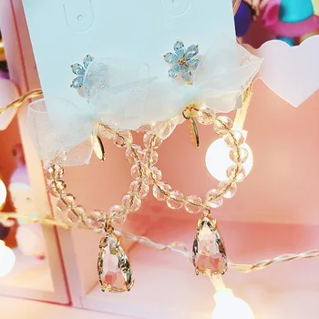 

MENGJIQIAO Korean Sweet Elegant Yarn Bowknot Crystal Circle Drop Earrings For Women Girls Fashion Holiday Party Jewelry Gifts