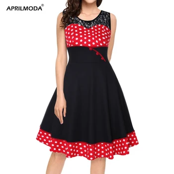 

4XL Plus Size Hepburn 50s Dress Polka Dot Printed Patchwork Lace Vintage Dresses Retro Swing Pin Up Vestidos 1960s Party Dress