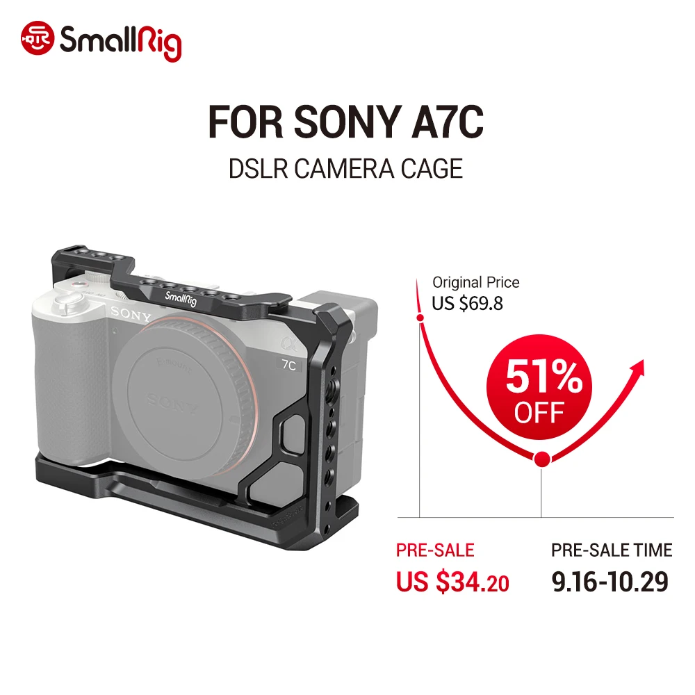 

SmallRig DSLR Camera Cage for Sony A7C Housing Case Cold Shoe 1/4'' Arri Hole for Microphone LED Fill Light Extension 3081