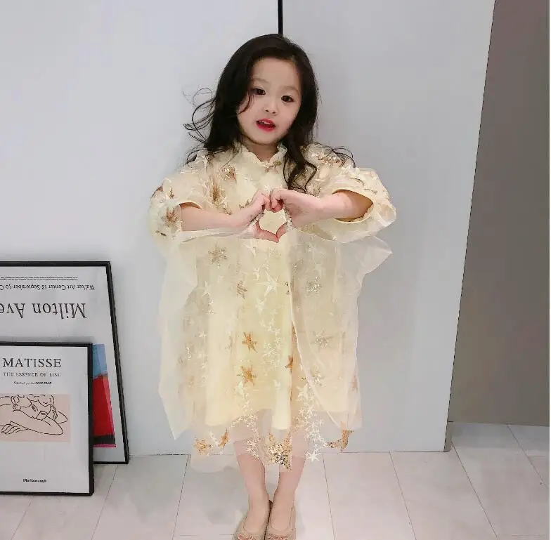 Г.; весенние сетчатые платья принцессы с золотыми звездами для девочек; детское платье высокого качества; 6 шт/лот;