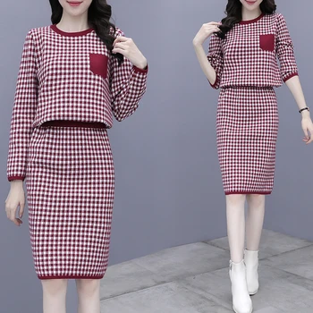 

Knitted Sweaters Houndstooth 2 Piece Set Autumn Women's Plaid Pullover Tops + Elastic Waist Pencil Skirt Two Piece Set Knit Suit