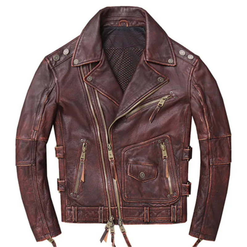 

2019 Vintage Men's Genuine Leather Jacket Harley Motorcycle Leather Jackets Brown Cowhide Slim fit Coat for Male