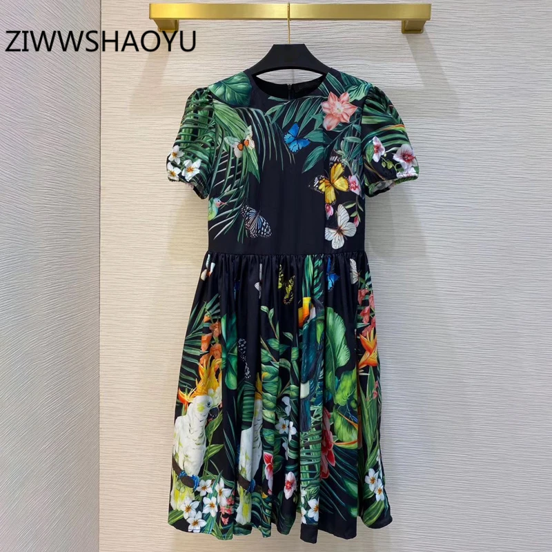 

ZIWWSHAOYU Summer Female Animal Print Mini Short Dress Fashion Designer Women Short Sleeve Back Zippers Elegant Vintage Dresses