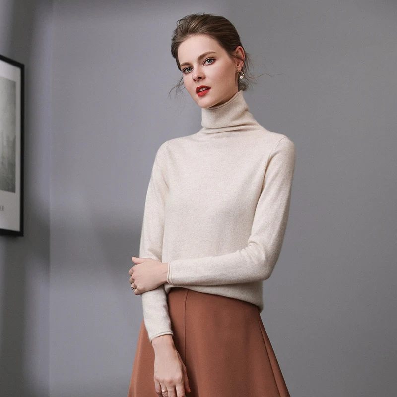 

2019 Fall Winter Women Solid Turtleneck Pure Cashmere Sweater Hollow out Rolled Hem Liberal Collar Girl Classic Pullover