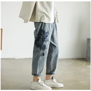 

2020 Spring new style cotton jeans female embroidery silhouette tassel harem pants loose literary women's pants distressed