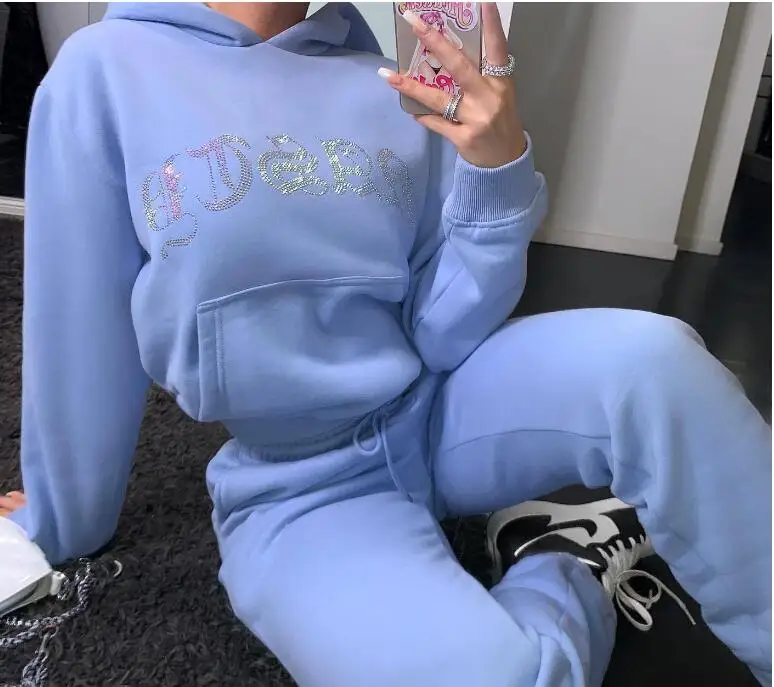

Fitness Autumn Activewear Tracksuit Women Casual Diamond Long Sleeve Hoodies Tops Joggers Sweatpants Outfit Street Two Piece Set