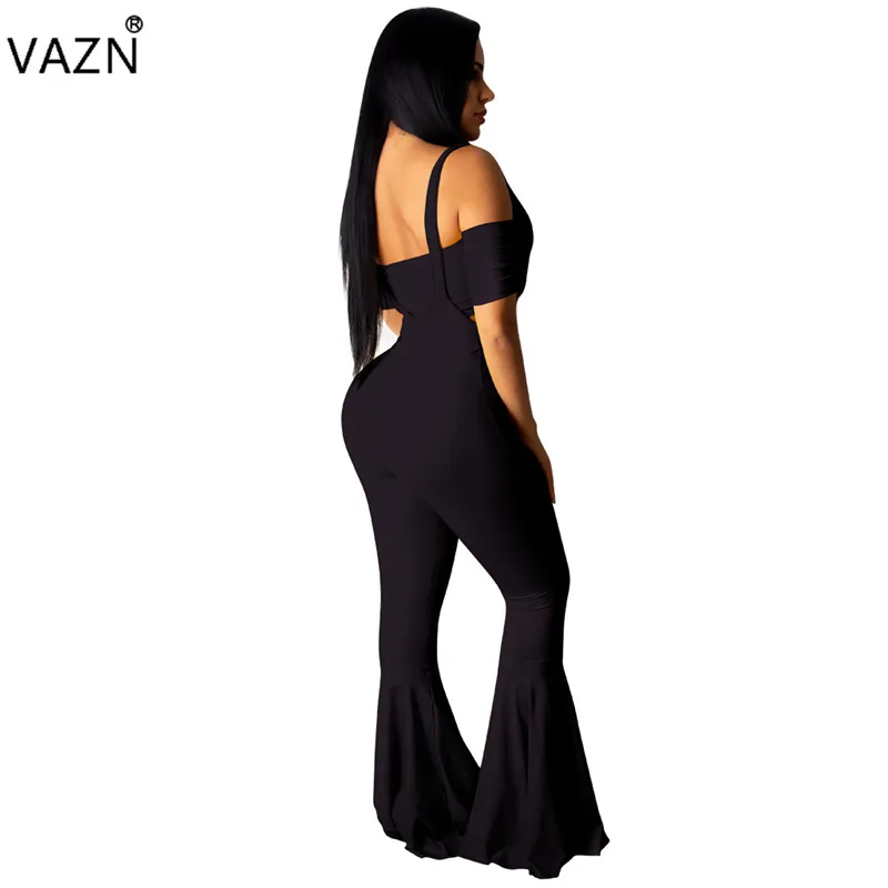 VAZN OFN6288 новые сексуальные Клубные специальные открытые модные однотонные с коротким рукавом без бретелек открытые бандажные Топы женские расклешенные jumpwuit