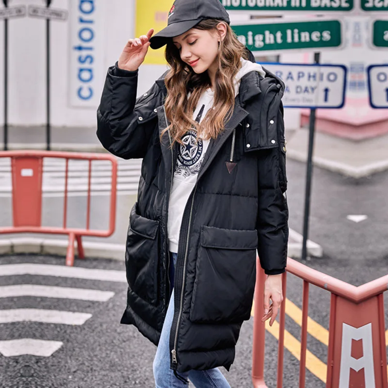 Женское пуховое пальто с капюшоном в Корейском стиле, пуховое пальто средней длины с капюшоном, однотонное повседневное теплое пальто в клетку, парки выше колена