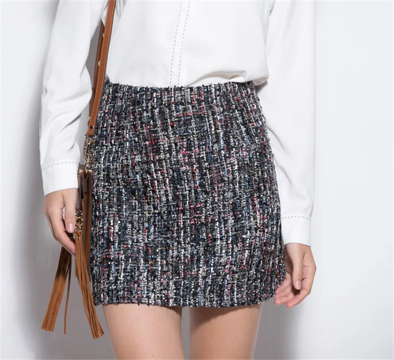 New Spring Fashion Small Fresh Style Sequins Tweed Pencil Skirt High Waist Bag Hip Skirt All-match Mini Skirt