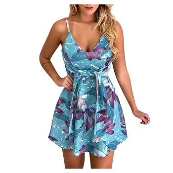 

Dress Women New Casual Beach Dress V Neck Print Sleeveless Strappy Tie Up Flare Short Mini Dress Fashion Slim robe femme 2020