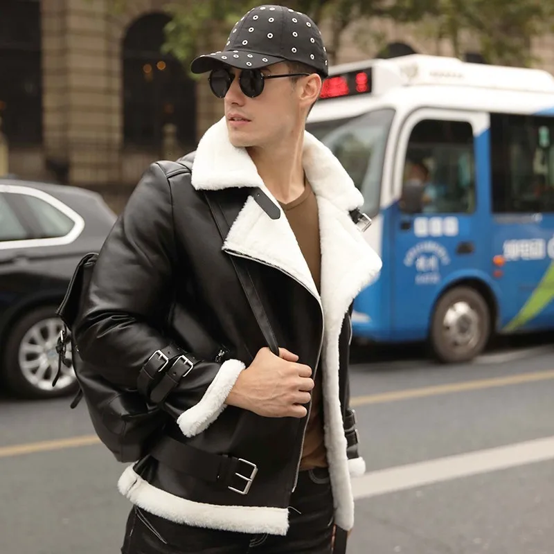 

Winter Mens Wool Lining Warm Pu Leather Jacket Fashion Flying Jacket Buckle Slim Fit Man Motorcycle Faux Leather Shearling Coats
