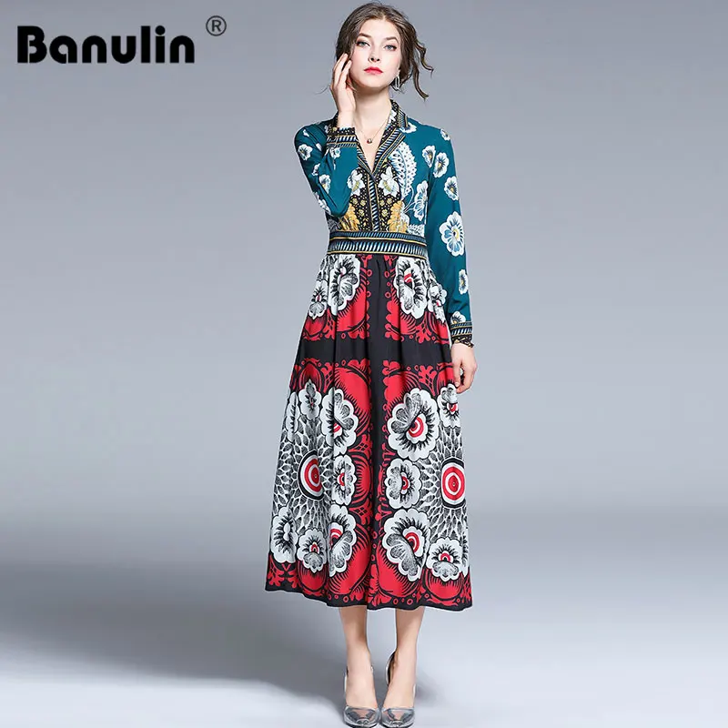 

2019 New Women Spring Autumn Long Sleeve Dress High Quality Retro Floral Printing Shirt Runway Dress Vintage Long Dress M-2XL