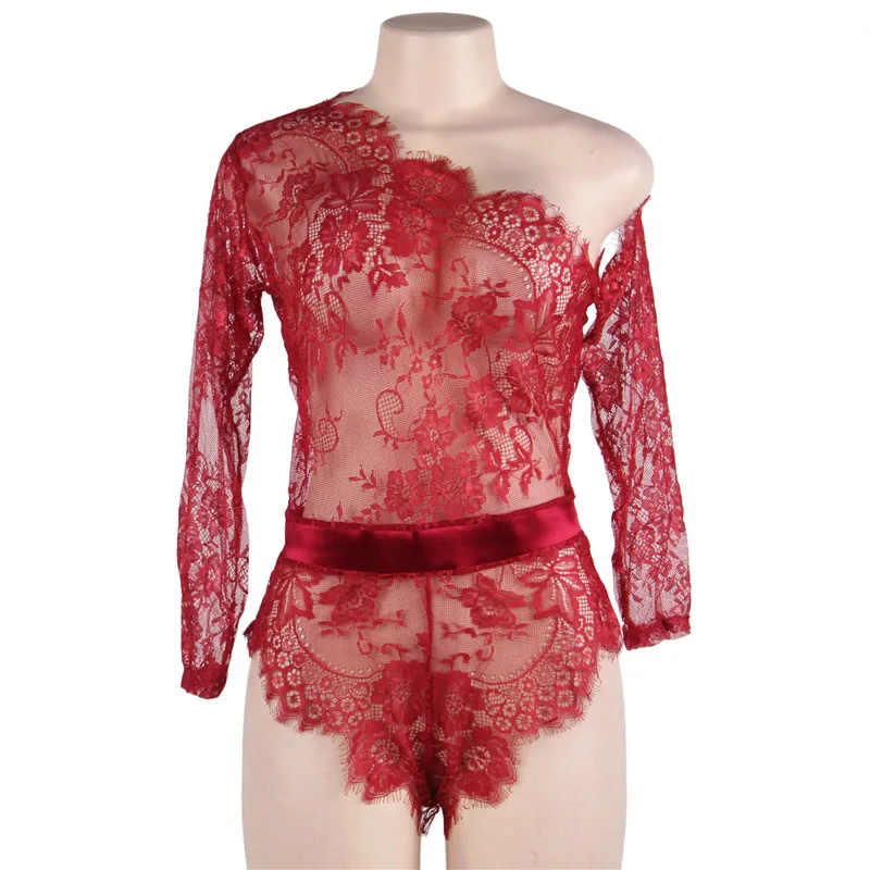 red bodysuit Comeonlover/боди на одно плечо с открытыми плечами и длинными рукавами; кружевной комбинезон; цвет красный, черный; цельнокроеное Сетчатое боди; RI80842 - Цвет: red bodysuit