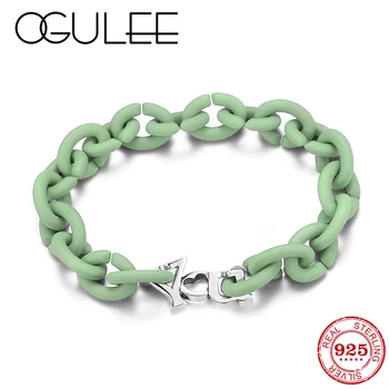 

925 Bead Letter Charm Bracelets & Bangles Link Bracelet For Women Pale Green Hard Rubber Chain Jewelry