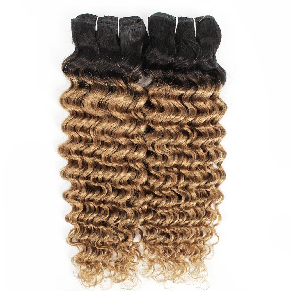 Kisshair T1B27 deep wave hair bundles 1/3/4pcs 2 tone ombre honey blonde hair deep curly pre-colored Indian human extension