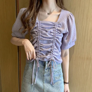 

COIGARSAM Short Sleeve blouse women New Summer Chiffon Square Collar blusas womens tops and blouses White Lavender 530