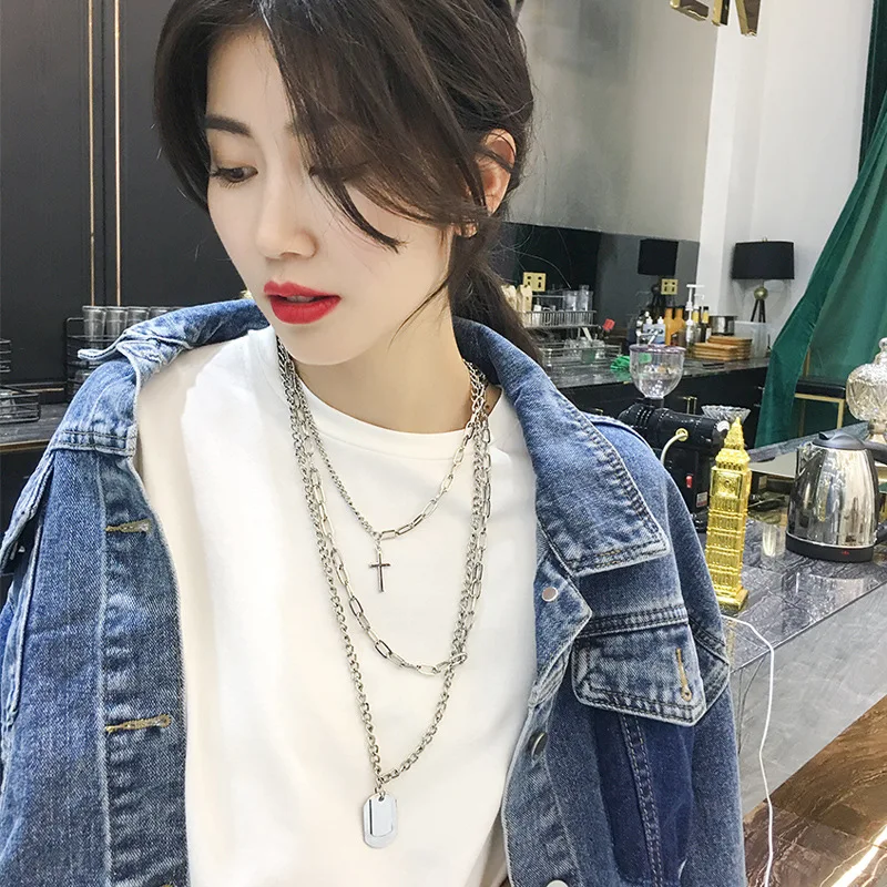 

INS Normcore Style Europe And America Cool Hip Hop Three Layer Choker Men And Women Couples Multilayer Cross Necklace Sweater Ch