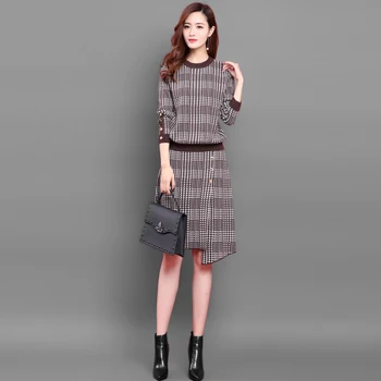 

Women's Suit 2020 New Houndstooth Fashion Round Neck Long Sleeve Knitted Two-piece Dress 2 Piece Set