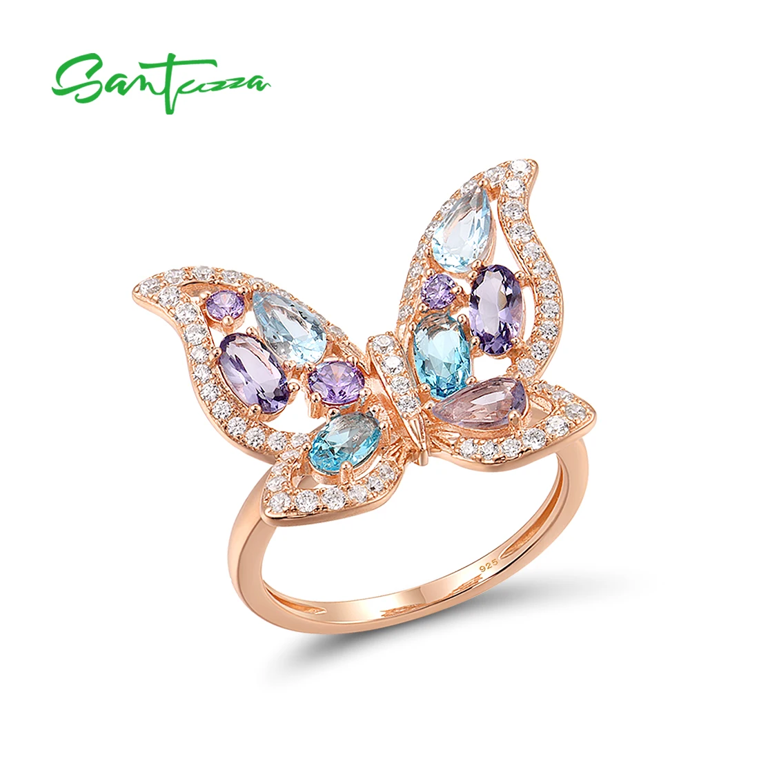 

SANTUZZA Authentic 925 Sterling Silver Ring For Women Sparkling Colorful Gems Butterfly Ring Delicate Charming Fine Jewelry