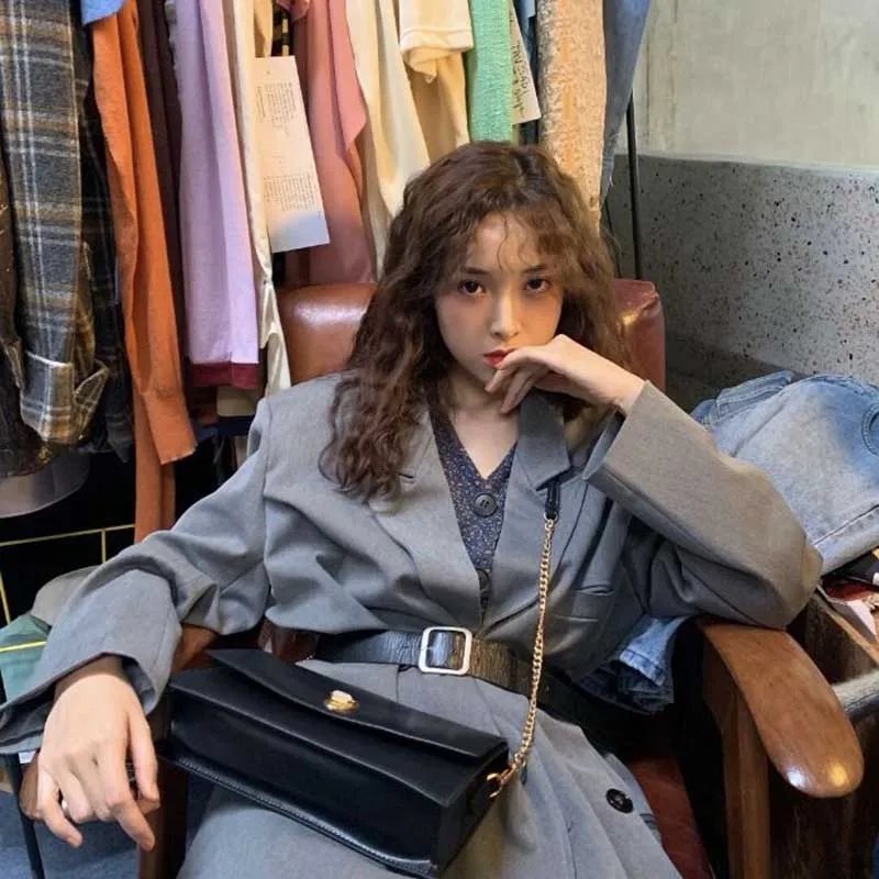 grey with belt NiceMix пальто Винтаж корейский стиль новые свободные осень зима женская одежда модный бренд хипстер пояса полный рукав куртки Горячая - Цвет: grey with belt