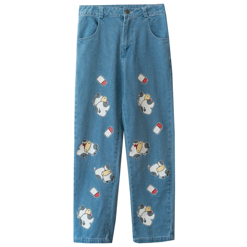 Cute Cow Printings Vintage Style Cute Animal Print Women's Loose Jeans Trousers Blue Pants Spring Summer