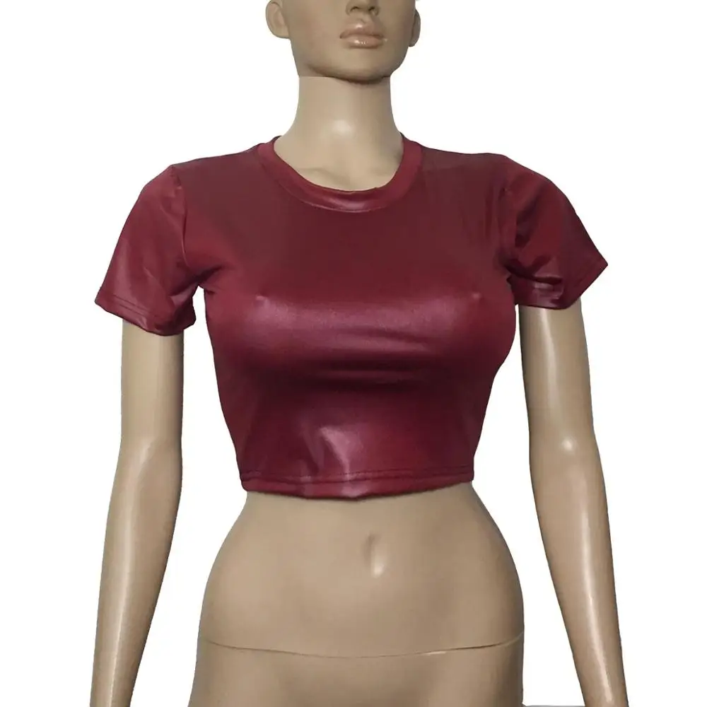Women Faux Leather T Shirt Crop Tops 