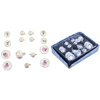 

2 Set Dollhouse Miniature 1: 12 Toy Kitchen Dining Room Tea Set - Small Floral Trees Pottery & Rose Bud Porcelain