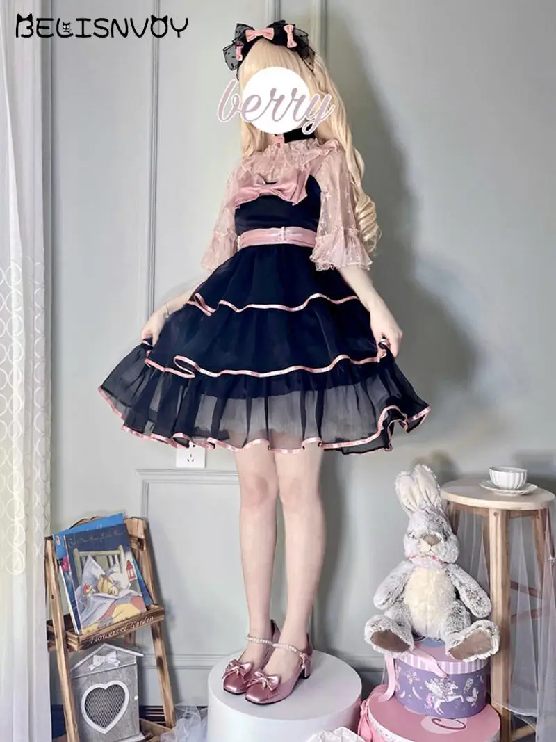 Japanese Summer Sweet Girly Lolita Dress Soft Girl Sleeveless Straps Kawaii Bow Ruffles Party Dress Princess JSK Tiered