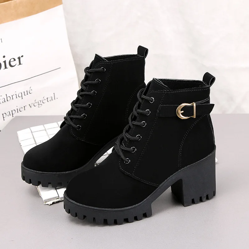 

2018 Autumn & Winter Europe And America WOMEN'S High Heels Belt Buckle Chunky-Heel Short Boots round-Toe Martin Boots Women's La