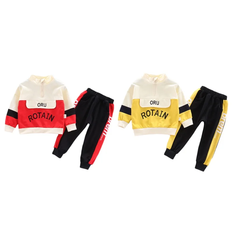 

Autumn Baby Boys Coats Casual Long Sleeve Letter Print Patchwork Sweatshirt Tops And Pants Trouser Costume Set Boy 2pc Set