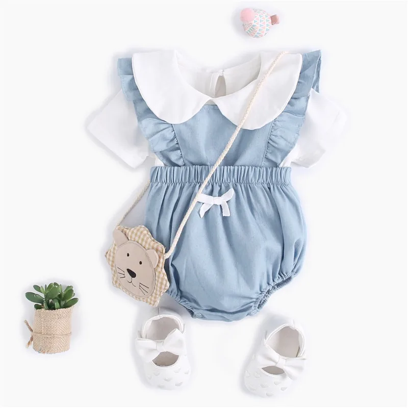

Newborn Suit baby girl clothes Cotton Cute white top+blue Jumpsuit Children's Toddler Home service