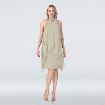 

Latest Design Taupe Short Chiffon Sleeveless Mother of the Bride Dresses With Shawl Knee Length Wedding Guest Gowns On Sale