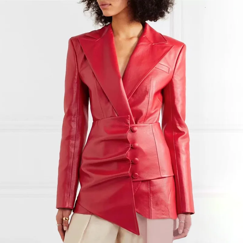 

Solid Color Pu Skin Women's Jacket With The Waist Seal Suit Lead Long Sleeve Irregular Self-cultivation Skin Loose Coat Woman