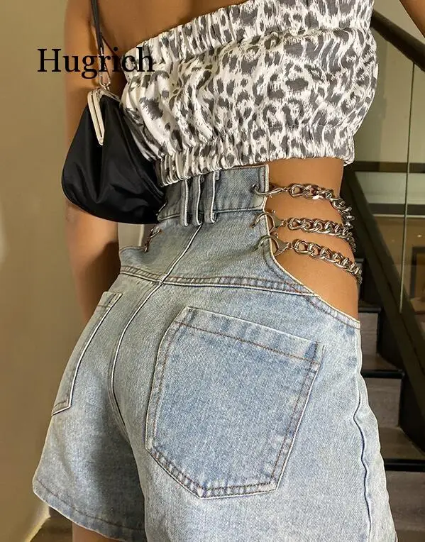 Women Shorts Sexy Denim Shorts Chain Hollow Out High Waisted Summer Jeans Shorts 2021 Fashion New Arrival Blue
