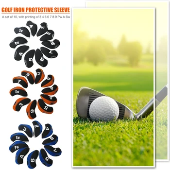 

10pcs Splicing Print Golf Clubs Iron Pole Head Hat Sleeve Neoprene Golf Putter Rod Head Protective Cover Golf Accessories
