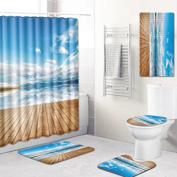 

Sea View Shower Curtain Mat Toilet Cover Mat Non-Slip Kitchen Pad Five-Piece Carpet